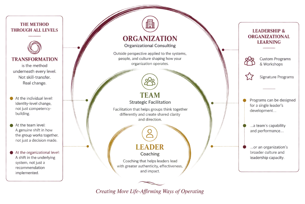 The Method: how the work moves from leader to team to organization, with transformation running underneath all three